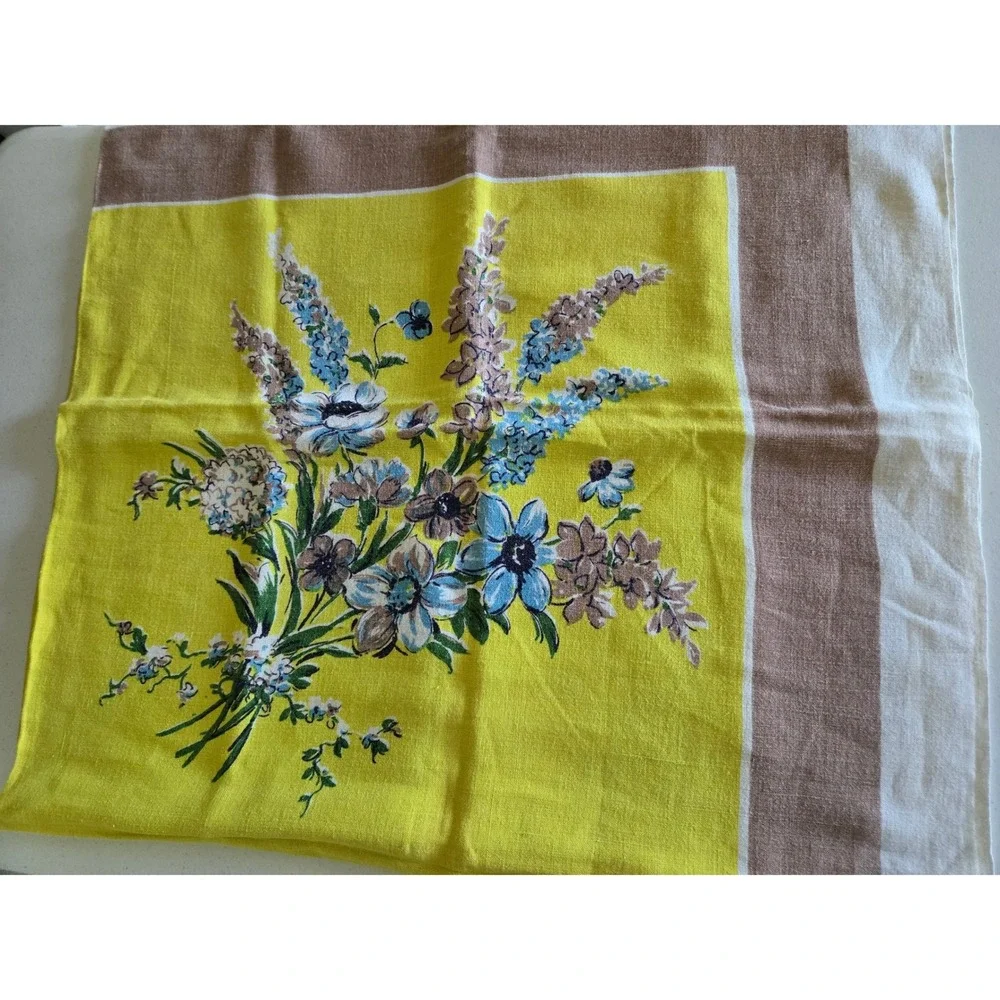 Vintage Yellow Linen Tablecloth Floral Print 49x52 Rectangle MCM Retro